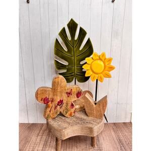 Set of 3 Home Decor Mango Wood Monstera Wood Sunflower Wood Flower with Details